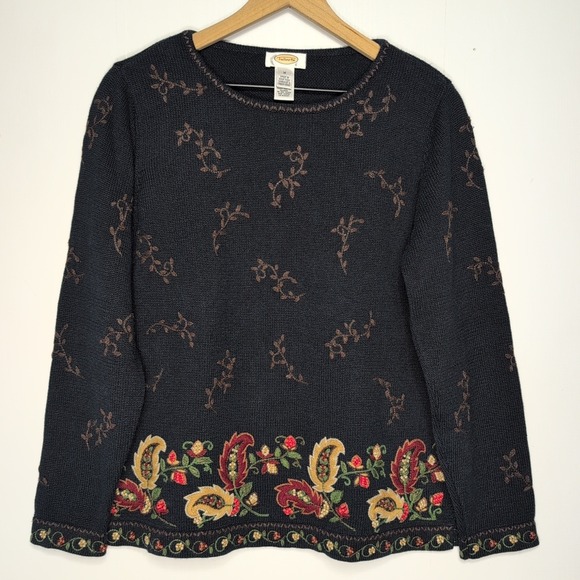 Talbots Sweaters - Talbots Womens Sweater M Black Paisley Floral Embroidery Long Sleeve Crew Neck